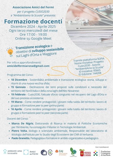 Al via il corso di formazione per docenti: transizione ecologica e sostenibilità sui laghi d’Orta e Maggiore