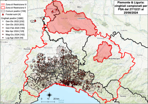 La mappa dei casi di positività riscontrati dall'Istituto Zooprofilattico del Piemonte aggiornata allo scorso 25 agosto